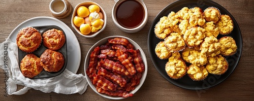 Delicious breakfast spread with muffins, bacon, eggs, and golden pastries, perfect for a hearty morning meal.