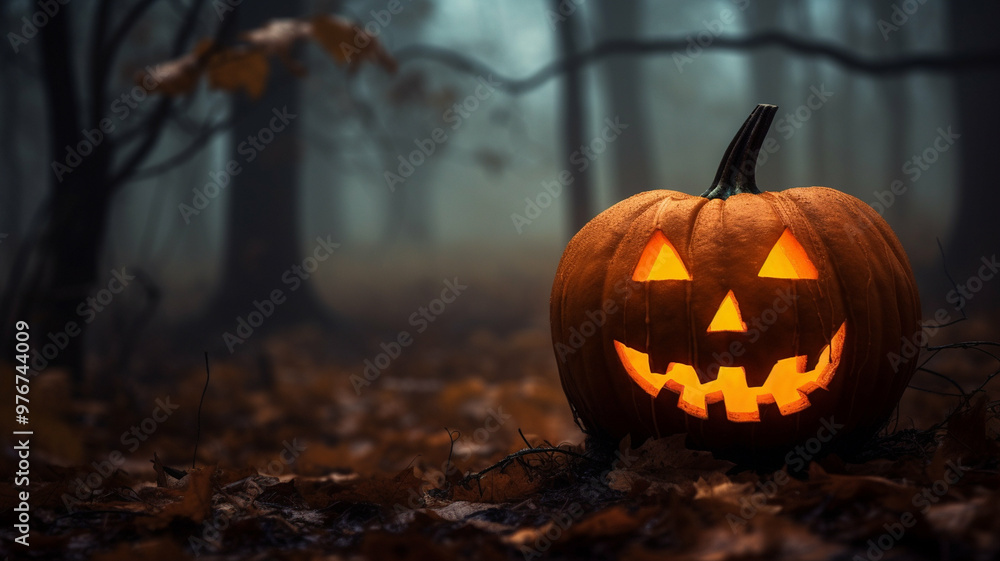 A glowing jack-o'-lantern sits in a foggy forest, creating a spooky Halloween atmosphere. A glowing jack-o'-lantern sits in a foggy forest, creating a spooky Halloween atmosphere.