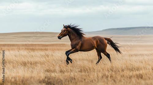 A wild horse running across a vast plain.