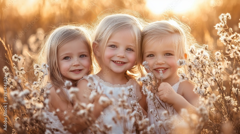 Obraz premium Three little girls standing in a field of tall grass
