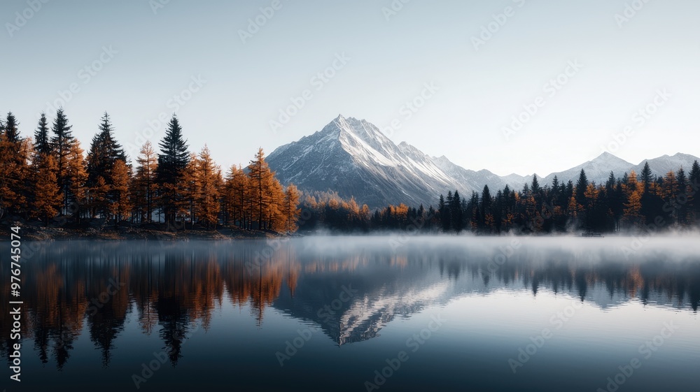 A serene landscape showcasing a mountain reflecting in a calm lake, surrounded by autumn trees under a clear blue sky. A serene landscape showcasing a mountain reflecting in a calm lake, surrounded by autumn trees under a clear blue sky.