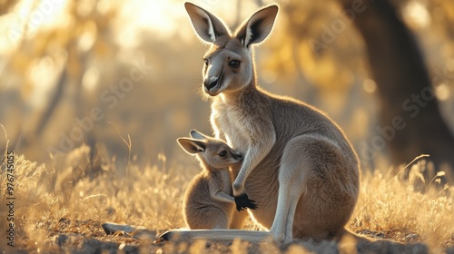 A 3D kangaroo with a joey in its pouch, highlighting the bond of these Australian animals in a zoo, against a soft pastel background