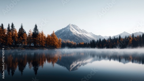 A serene landscape showcasing a mountain reflecting in a calm lake, surrounded by autumn trees under a clear blue sky.