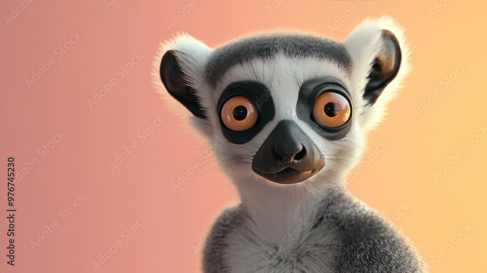 Fototapeta premium A 3D lemur with big, curious eyes and a soft pastel background on the right, representing the playful and inquisitive nature of these zoo animals