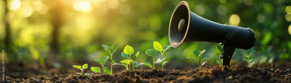 A megaphone beside young plants symbolizes growth and communication in nature, highlighting environmental awareness and advocacy. A megaphone beside young plants symbolizes growth and communication in nature, highlighting environmental awareness and advocacy.