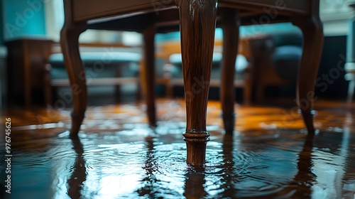 Water pooling around the legs of a dining room table, showing gradual interior flooding photo