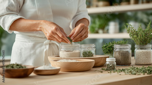 Close-up of hands blending herbs and essential oils at a wooden table, surrounded by jars of dried plants and small bowls of organic ingredients, creating homemade remedies in a tr