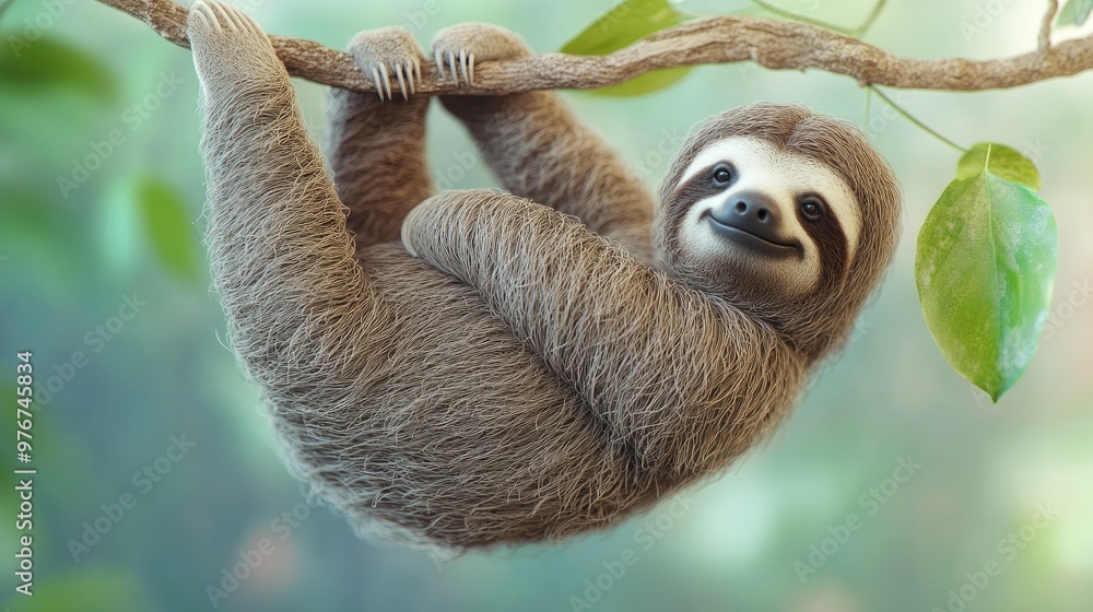 A 3D sloth hanging leisurely from a branch with a soft pastel background on the right, symbolizing the calm and slow nature of zoo animals A 3D sloth hanging leisurely from a branch with a soft pastel background on the right, symbolizing the calm and slow nature of zoo animals