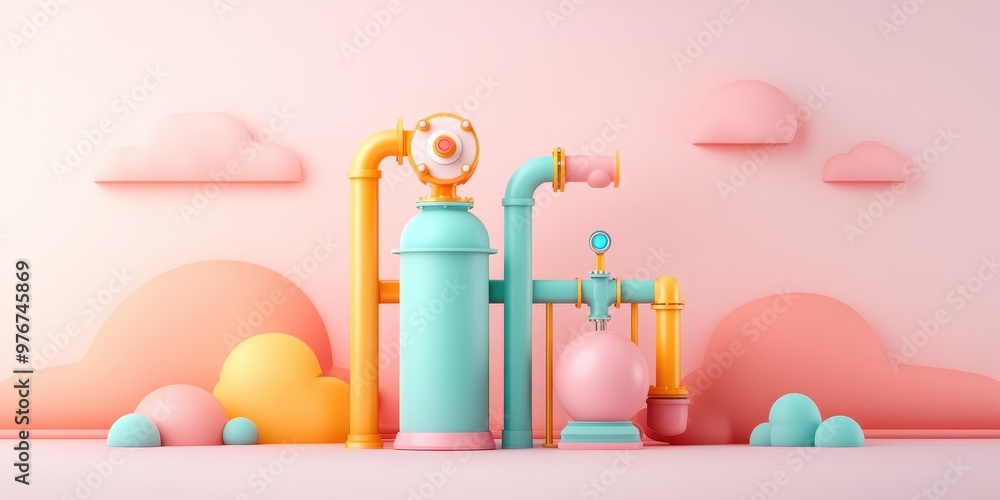 A colorful 3D illustration of whimsical pipes and tanks, set against a soft pastel backdrop. Perfect for creative and playful themes. A colorful 3D illustration of whimsical pipes and tanks, set against a soft pastel backdrop. Perfect for creative and playful themes.
