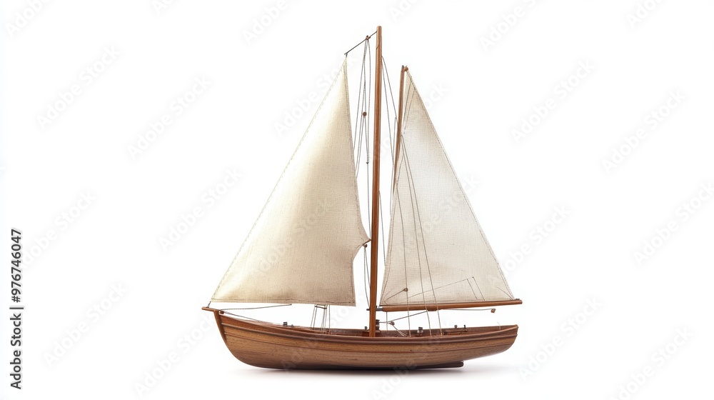 A beautifully crafted model sailboat with white sails, ideal for decor or maritime-themed settings. A beautifully crafted model sailboat with white sails, ideal for decor or maritime-themed settings.