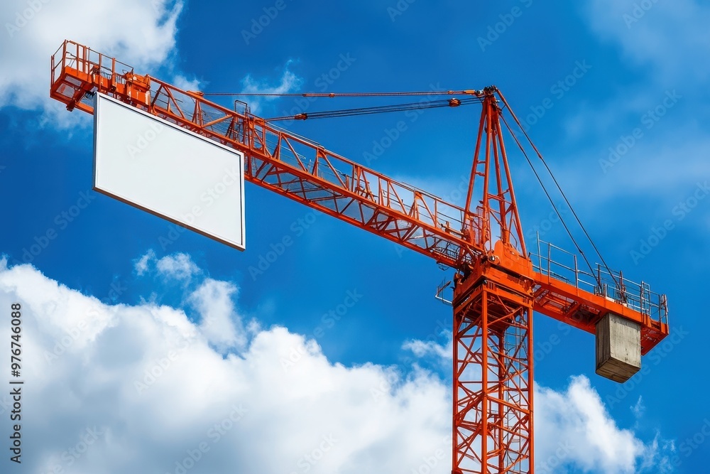 A large crane with a white sign on it A large crane with a white sign on it