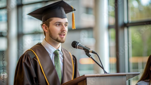 Young Man in Academic Regalia Giving Commencement Speech
 photo