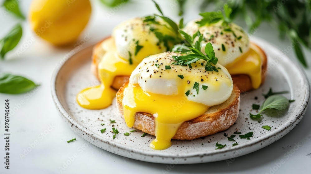Delicious eggs benedict with creamy hollandaise sauce, garnished with herbs and served on a rustic plate with fresh lemon. Delicious eggs benedict with creamy hollandaise sauce, garnished with herbs and served on a rustic plate with fresh lemon.