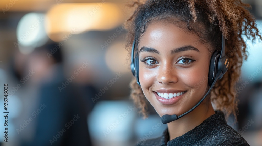 Smiling Customer Service Representative Assisting Clients at a Busy Call Center in the Afternoon Smiling Customer Service Representative Assisting Clients at a Busy Call Center in the Afternoon