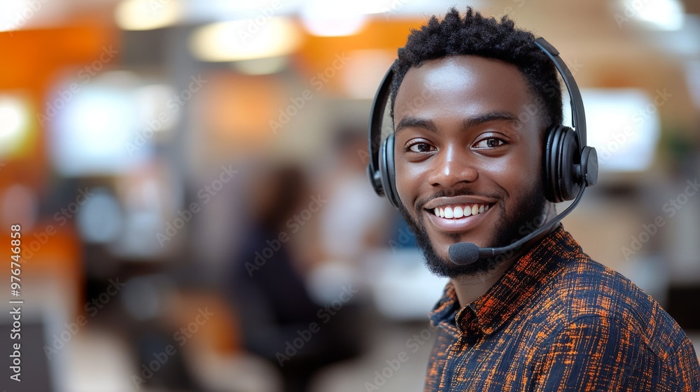 Smiling Customer Service Representative in a Busy Call Center Providing Assistance During Work Hours Smiling Customer Service Representative in a Busy Call Center Providing Assistance During Work Hours