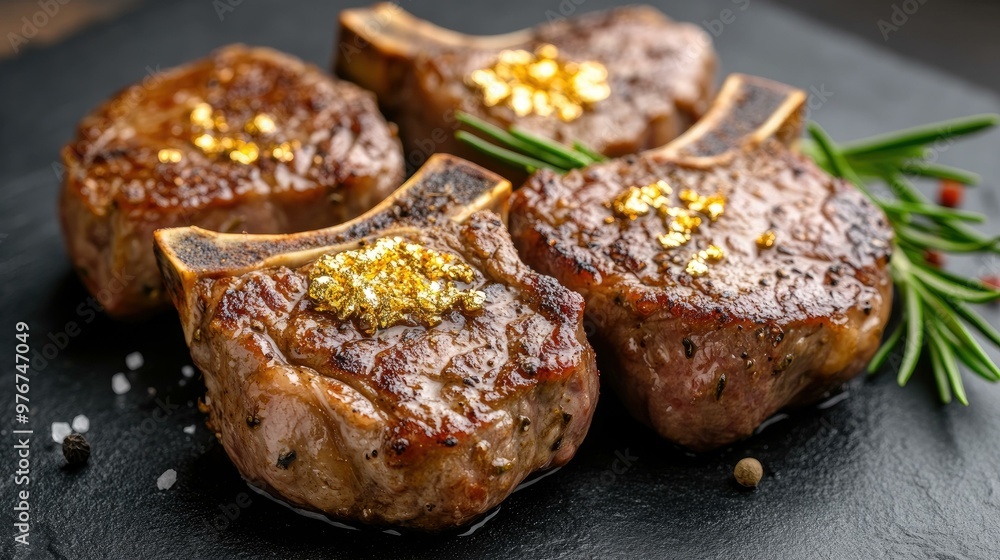 Grilled Lamb Chops with Gold Leaf on Black Slate Plate. Grilled Lamb Chops with Gold Leaf on Black Slate Plate.