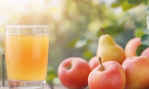 Fresh Apple Juice and Ripe Apples on a Wooden Table in a Sunlit Garden During Autumn