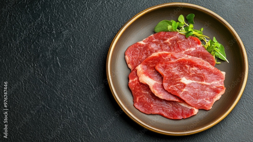 Raw Beef Slices with Micro Greens on a Plate. Raw Beef Slices with Micro Greens on a Plate.