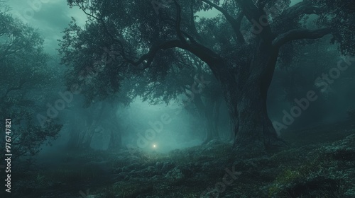 A Mysterious Forest Shrouded in Fog With a Glowing Light in the Distance During Twilight Hours