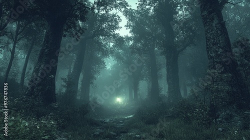 Mysterious Forest Path Illuminated by a Distant Light on a Foggy Evening