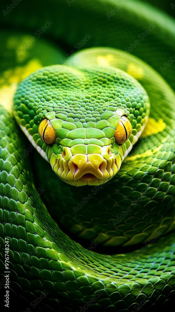 The close-up showcases a green snake featuring bright yellow eyes, coiled against a rich green backdrop. Its scales glisten subtly in natural light The close-up showcases a green snake featuring bright yellow eyes, coiled against a rich green backdrop. Its scales glisten subtly in natural light