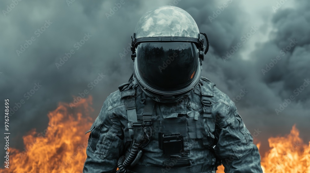 A futuristic astronaut in a dark environment, standing amidst smoke and fire, evoking a sense of mystery and adventure. A futuristic astronaut in a dark environment, standing amidst smoke and fire, evoking a sense of mystery and adventure.