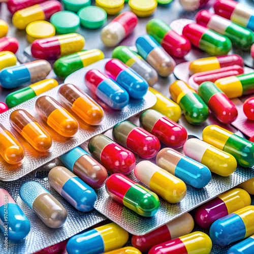 A group of antibiotic pill capsules falling. Healthcare and medical 3D illustration background.