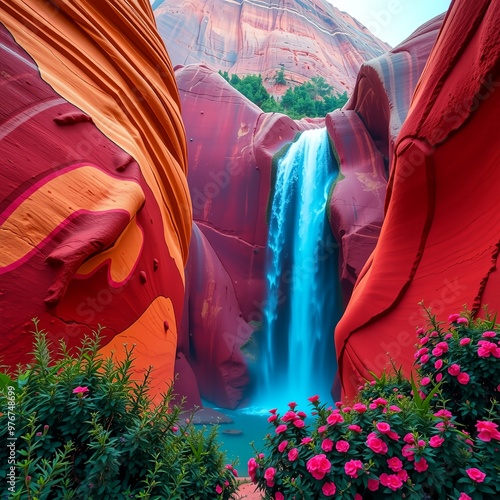 A waterfall in the middle of a canyon photo