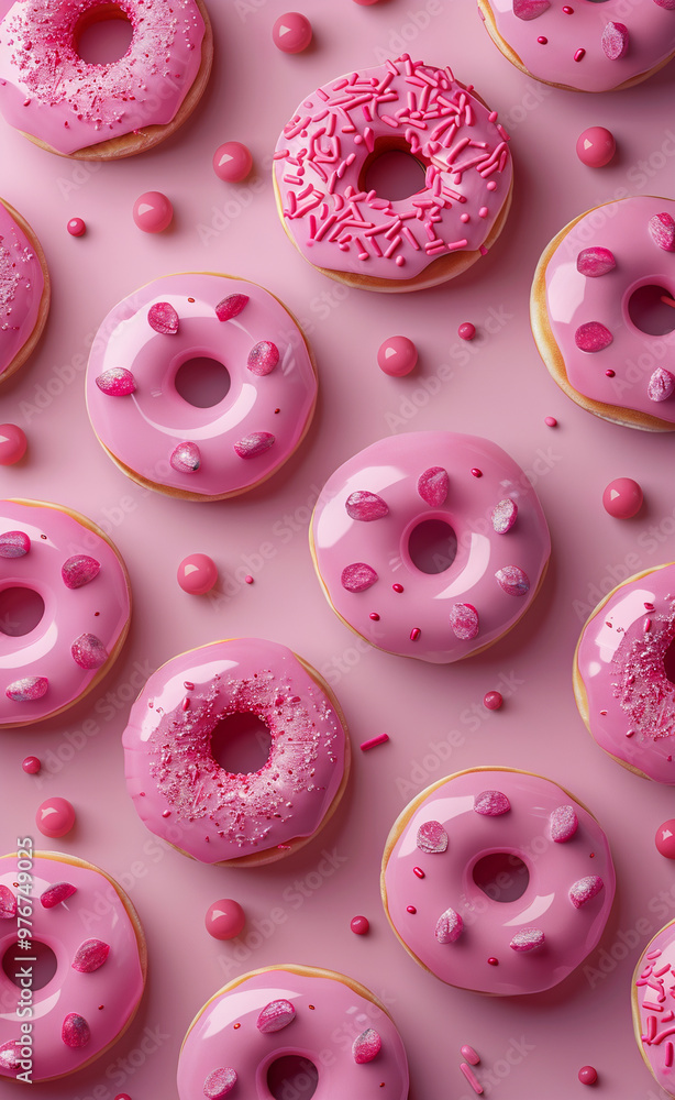 A close up of pink frosted donuts with sprinkles on top A close up of pink frosted donuts with sprinkles on top