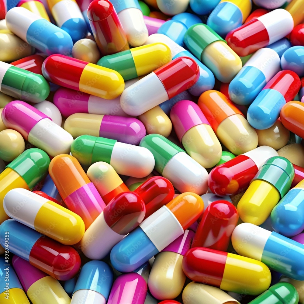 A group of antibiotic pill capsules falling. Healthcare and medical 3D illustration background. A group of antibiotic pill capsules falling. Healthcare and medical 3D illustration background.