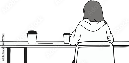 A solitary figure sits at a table, lost in thought. Two cups of coffee are the only companions in the quiet cafe.