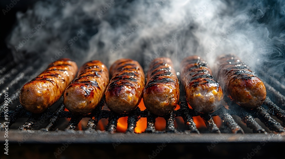 Freshly grilled sausages on a smoky grill, thick clouds of smoke creating a dramatic atmosphere, with vivid textures of the food and grill, HDR Photography, Dark tones Freshly grilled sausages on a smoky grill, thick clouds of smoke creating a dramatic atmosphere, with vivid textures of the food and grill, HDR Photography, Dark tones
