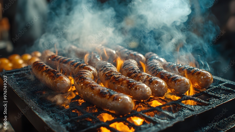 Freshly grilled sausages on a smoky grill, thick clouds of smoke creating a dramatic atmosphere, with vivid textures of the food and grill, HDR Photography, Dark tones Freshly grilled sausages on a smoky grill, thick clouds of smoke creating a dramatic atmosphere, with vivid textures of the food and grill, HDR Photography, Dark tones