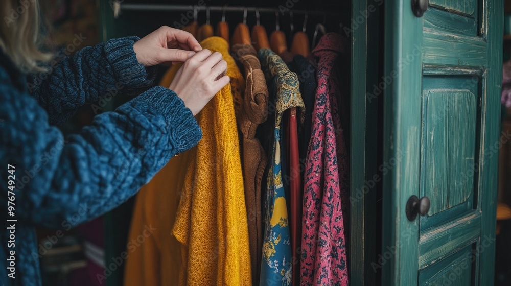 Fototapeta premium Woman selecting clothes from a vintage wardrobe. This photo can be used for blogs, articles, or social media posts related to fashion, style, or vintage clothing.