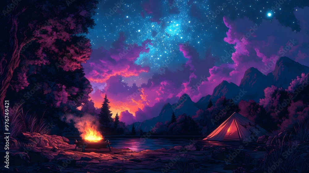 Obraz premium Futuristic campsite scene with a digital hologram grill cooking marshmallows under a vibrant, star-filled sky, neon lighting, cyberpunk style, detailed, high contrast