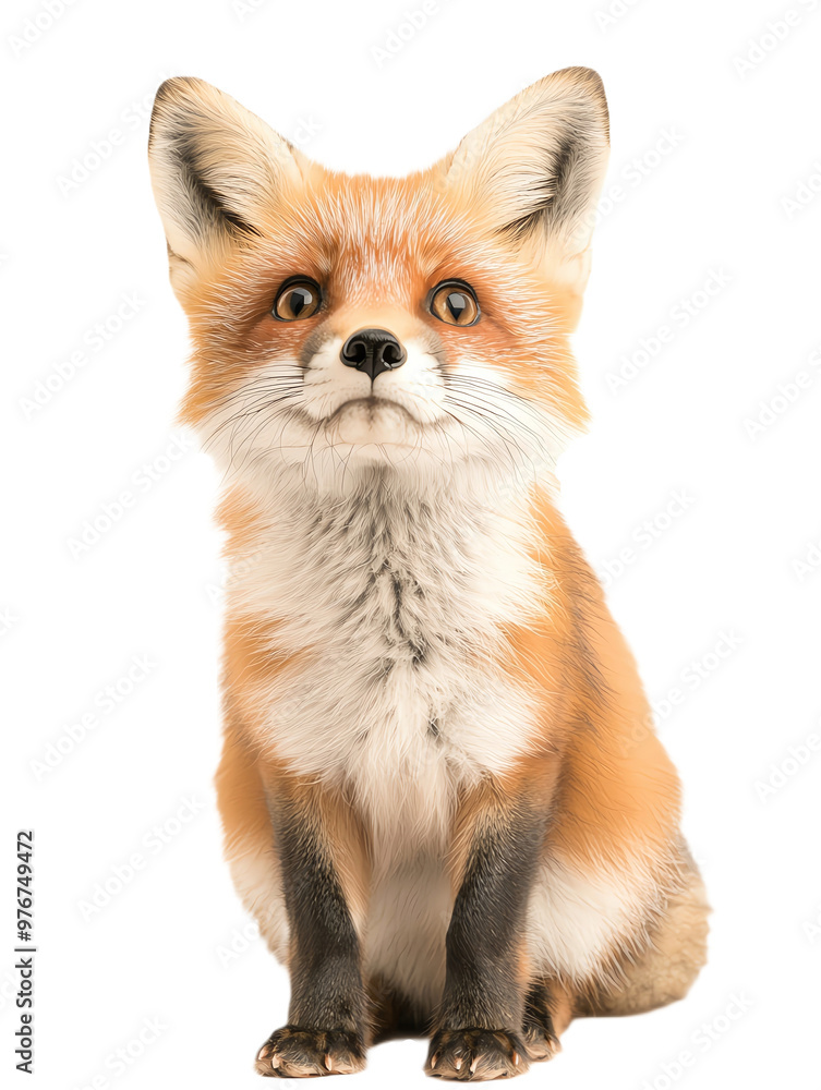 A red fox sits on clearly background, looking up with a playful expression. A red fox sits on clearly background, looking up with a playful expression.
