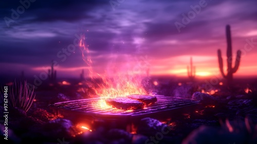 Futuristic desert barbecue, holographic grill with steaks cooking, surrounded by cacti, glowing neon elements, Cyberpunk, Neon colors, Digital painting, Intricate details