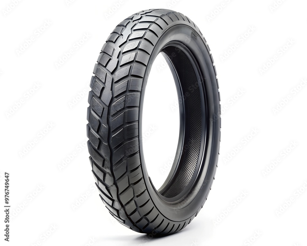 The black motorcycle tire, presented on a white background, showcases its elegant design and tread pattern, highlighting its performance characteristics for improved traction and stability. The black motorcycle tire, presented on a white background, showcases its elegant design and tread pattern, highlighting its performance characteristics for improved traction and stability.