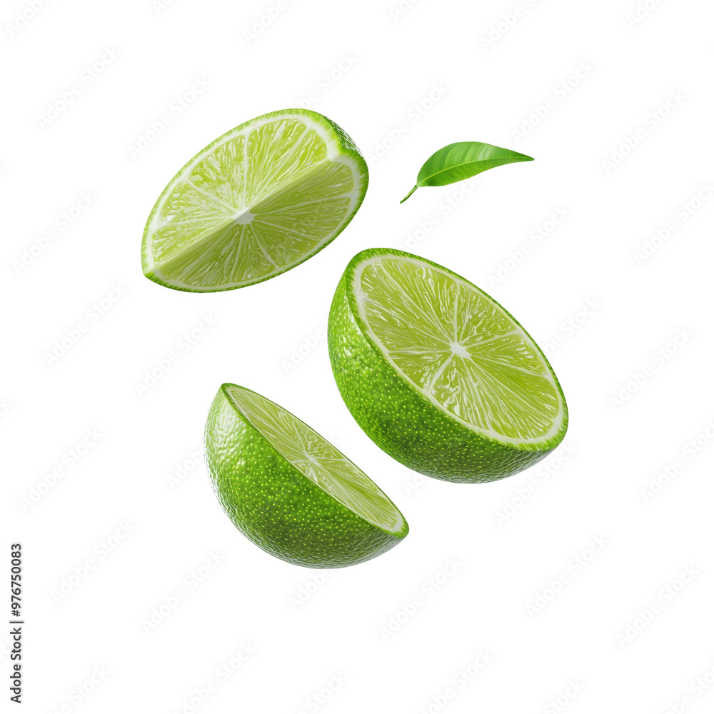 Fresh lime fruit slices with green leaf isolated on black background Fresh lime fruit slices with green leaf isolated on black background