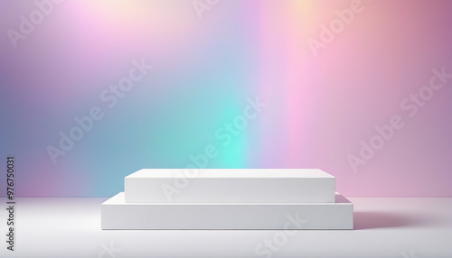 White rectangle podium on iridescent background, minimalist design template.