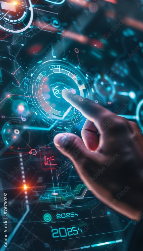 Embracing the future a modern design showcasing a hand interacting with a virtual button for 2025 Embracing the future a modern design showcasing a hand interacting with a virtual button for 2025