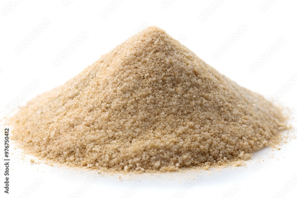 A heap of dry beach sand resting on a clean white background, showcasing its fine texture and natural color A heap of dry beach sand resting on a clean white background, showcasing its fine texture and natural color