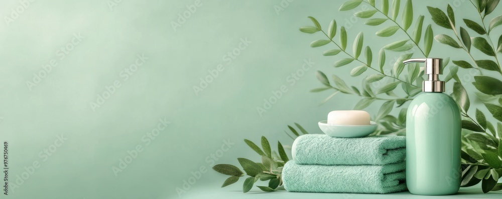A serene and calming arrangement of spa essentials, featuring green towels, leaf accents, and a soothing bottle of lotion. A serene and calming arrangement of spa essentials, featuring green towels, leaf accents, and a soothing bottle of lotion.