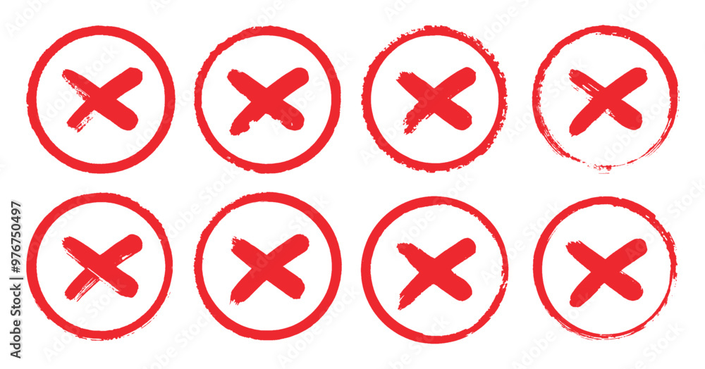 Bold hand painted red X cross mark inside a circle rough brush strokes, disapproval, choice, mistake, error, cancel incorrect symbol. Bold hand painted red X cross mark inside a circle rough brush strokes, disapproval, choice, mistake, error, cancel incorrect symbol.