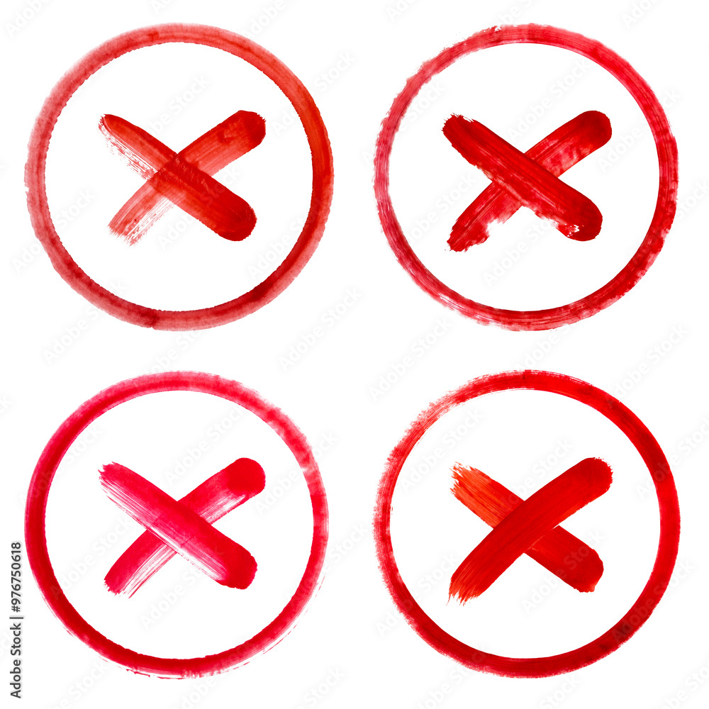Bold hand painted red X cross mark inside a circle rough brush strokes transparent background, disapproval, choice, mistake, error, cancel incorrect symbol. Bold hand painted red X cross mark inside a circle rough brush strokes transparent background, disapproval, choice, mistake, error, cancel incorrect symbol.