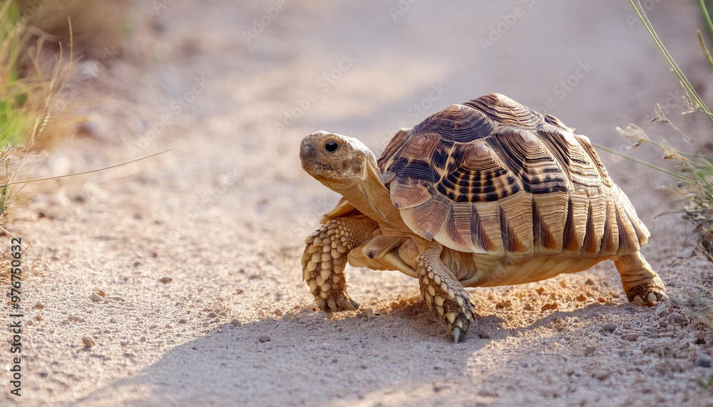 Leopard Tortoise Walking on a Sandy Path in the Afternoon Sun and Copy Space Leopard Tortoise Walking on a Sandy Path in the Afternoon Sun and Copy Space