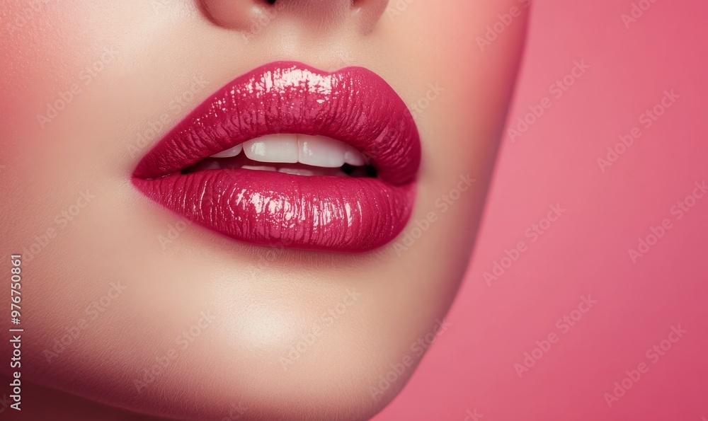 Elegant Close-Up of Glossy Pink Lips With Makeup Against a Soft Pink Background Elegant Close-Up of Glossy Pink Lips With Makeup Against a Soft Pink Background
