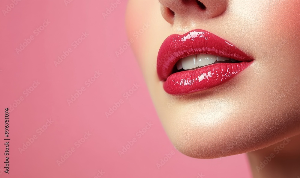 Close-up of Glossy Lipstick on Female Lips With a Soft Pink Background Highlighting Beauty Close-up of Glossy Lipstick on Female Lips With a Soft Pink Background Highlighting Beauty