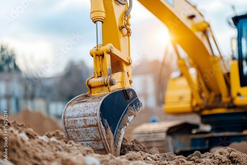 A crawler excavator is working on a construction site. Construction equipment. Digging trenches and ditches by machine