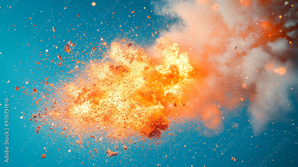 Fototapeta premium A vibrant explosion of color featuring dynamic orange flames and smoke against a striking blue background.